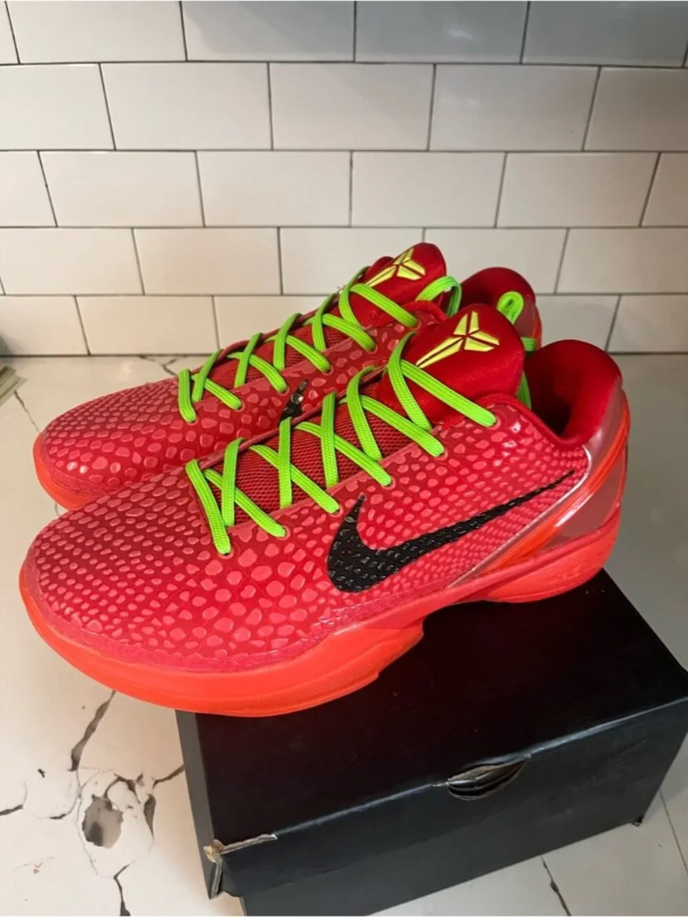 Red Kobe 6 Bright Green Laces Athletic Shoes